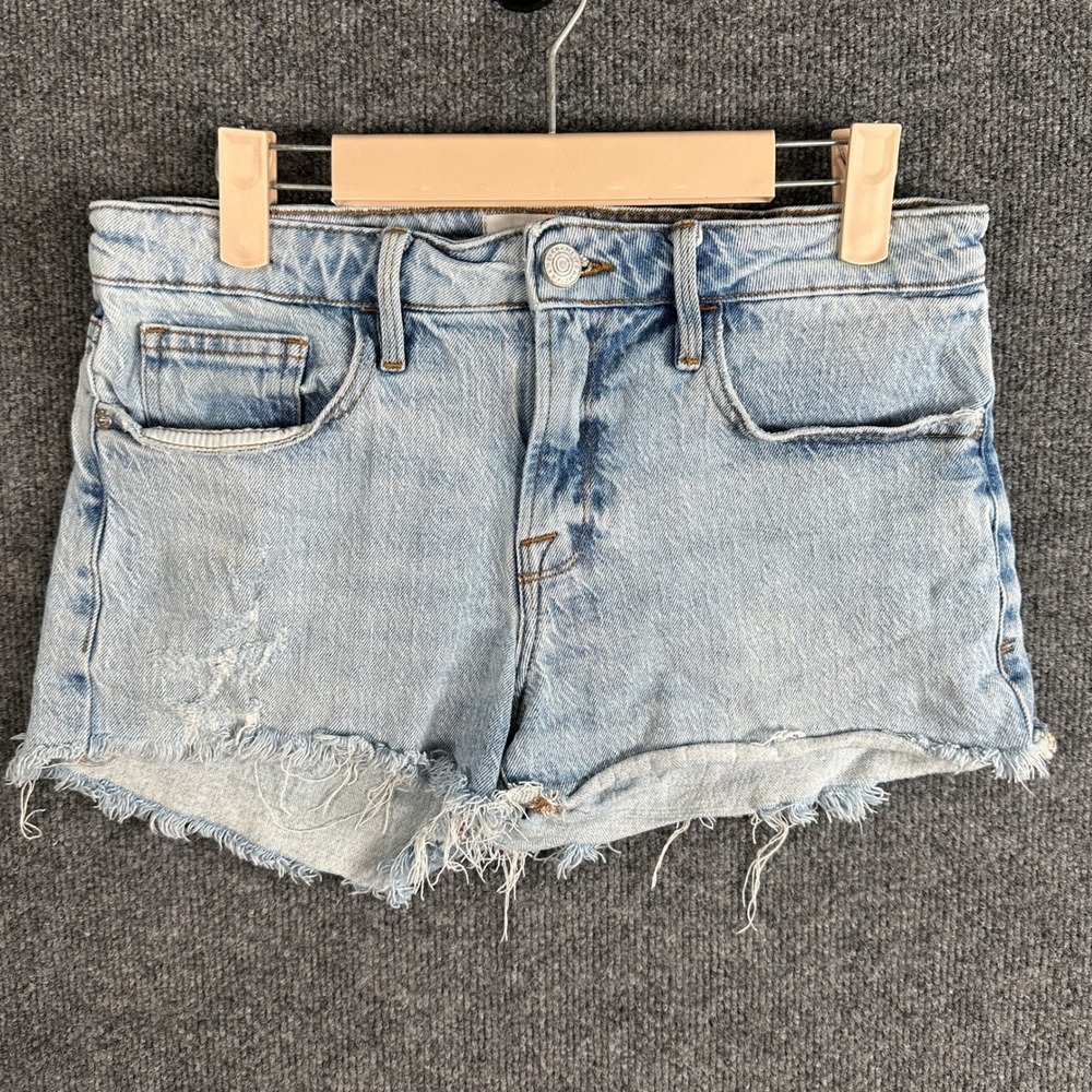 FRAME Le Grand Garcon Denim Shorts Light Wash Distressed Raw Hem Size 25